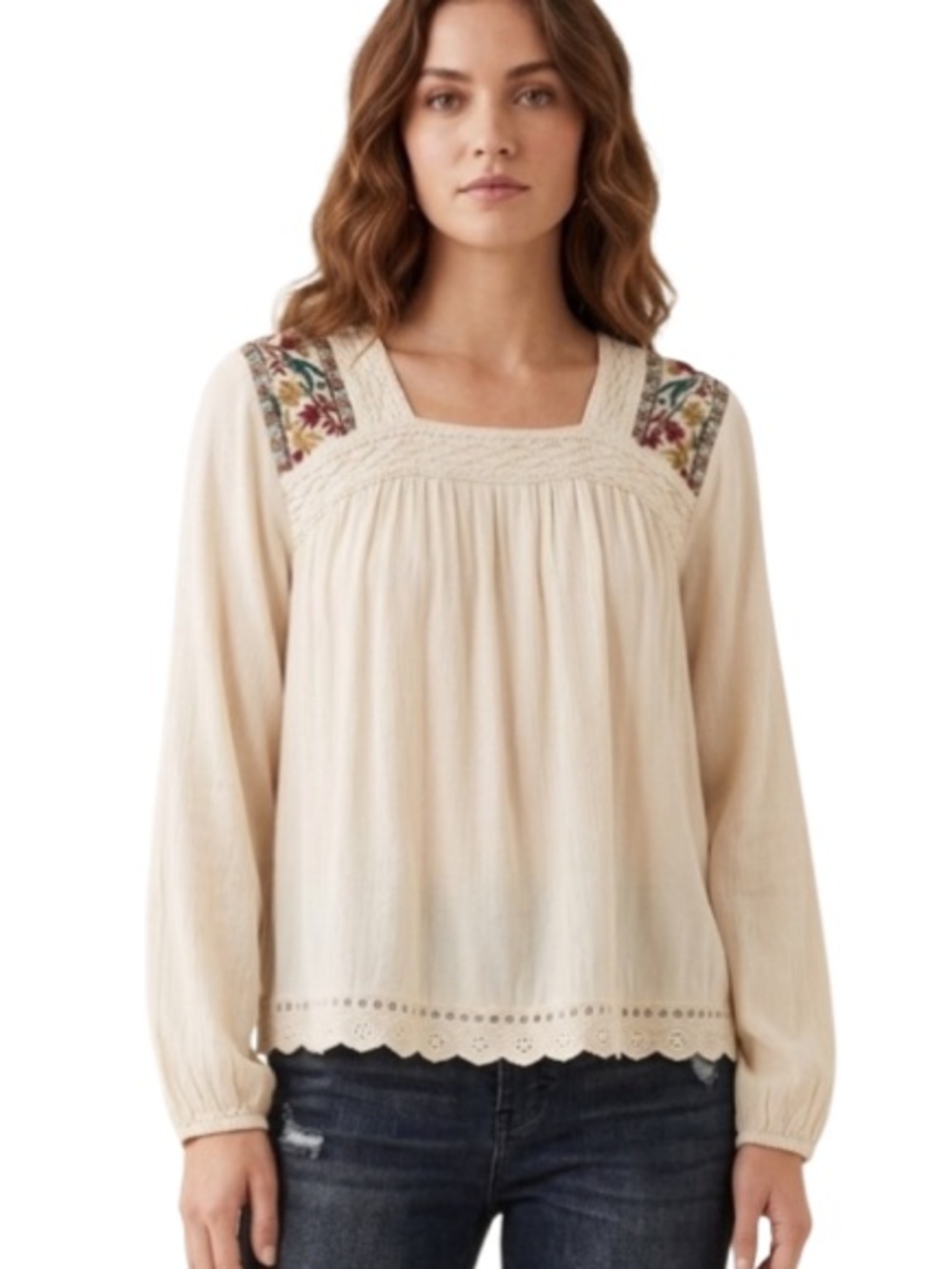 Knox Rose Bohemian Embroidered Long Sleeve Top. Size L. Lined.  Sold out